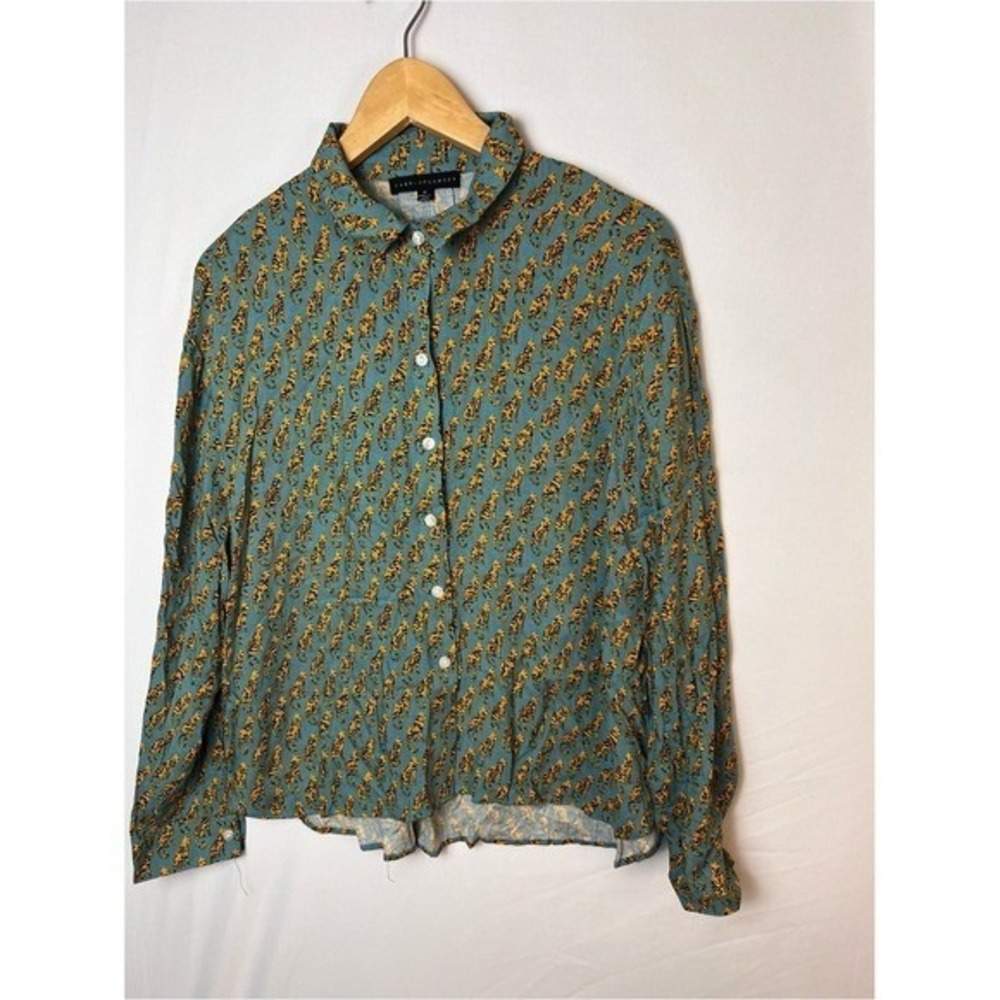 Jane and Delaney Cheetah Printed Button Down Blouse in Teal and Mustard Medium